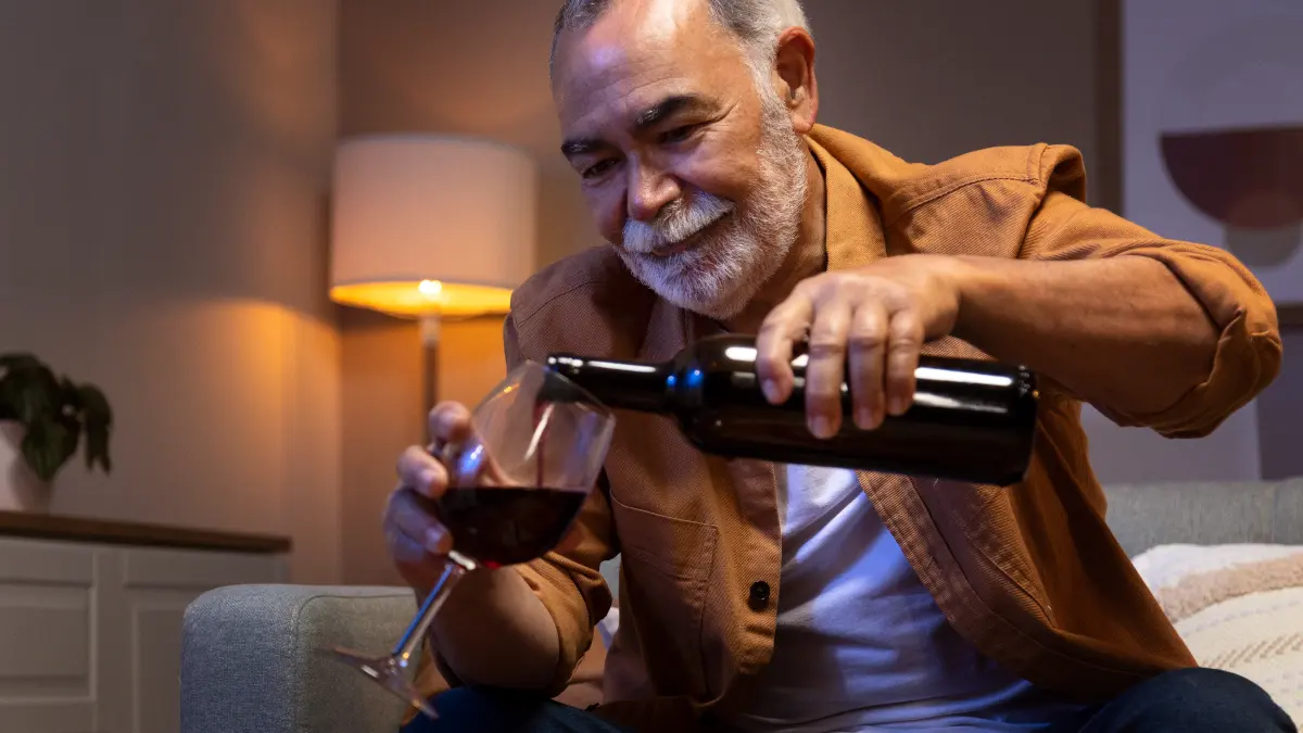 Older man pouring red wine at night on a couch  a common but sleep-disrupting habit of using alcohol to wind down before bed.