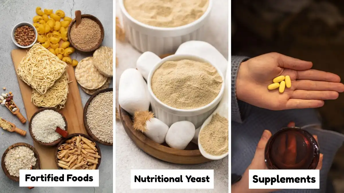 A three-panel infographic showcasing vegan-friendly Vitamin B12 sources: fortified pasta and grains, nutritional yeast in a white bowl, and a person holding yellow supplement tablets. Each panel is labeled to help readers identify non-animal sources of B12.