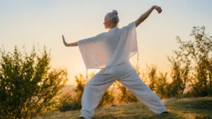 Older woman in white practicing tai chi at golden hour outdoors, showing balance and steady movement for fall prevention after 50You said: Older woman in white practicing tai chi at golden hour outdoors, showing balance and steady movement for fall prevention after 50.