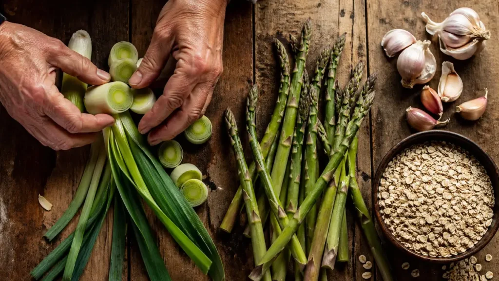 Slicing fresh leeks and garlic to provide the prebiotic fiber necessary for cortisol management and gut balance.