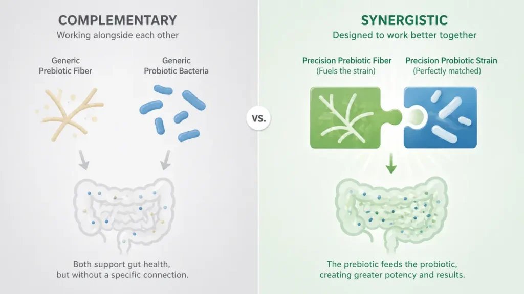 Comparison diagram comparing complementary vs. synergistic synbiotics and how matched prebiotics and probiotics enhance gut health.