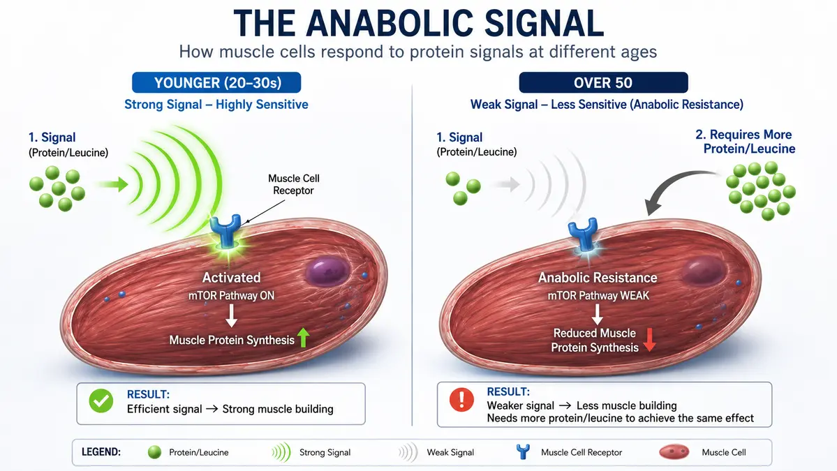 Diagram comparing muscle protein response in younger vs. older adults, showing why aging causes anabolic resistance and requires more protein.