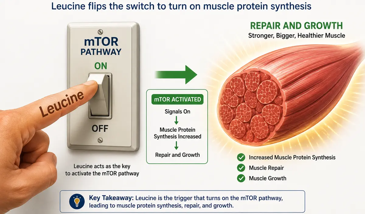 Illustration of leucine flipping the mTOR pathway switch to activate muscle protein synthesis, repair, and growth.