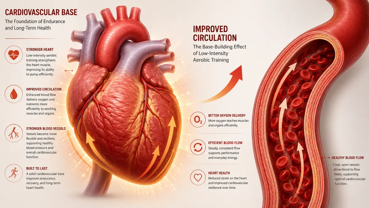 Medical infographic showing how low-intensity aerobic training strengthens the heart, improves circulation, and enhances oxygen delivery to muscles.