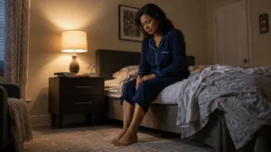 A middle-aged woman in pajamas sits on the edge of her bed at night, looking down at her bare feet with quiet concern and discomfort.