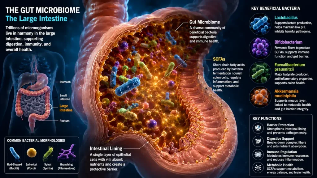 Detailed gut microbiome illustration showing large intestine cross-section with beneficial bacteria, SCFAs, and intestinal lining functions.