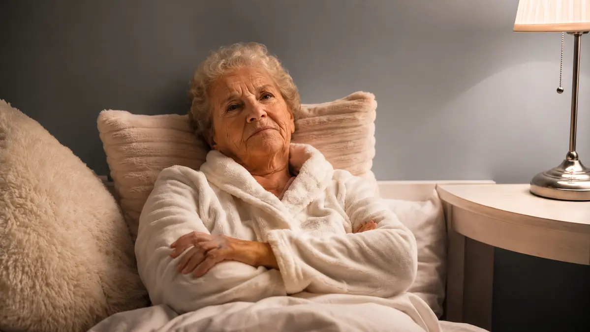An elderly woman sits awake in bed with arms crossed, looking exhausted and frustrated by a failing bedtime routine after 50.