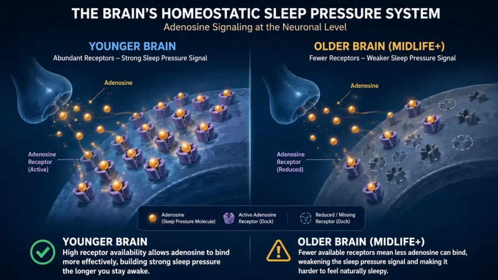 A medical diagram comparing adenosine molecules binding to abundant receptors in a young brain versus fewer receptors after midlife
