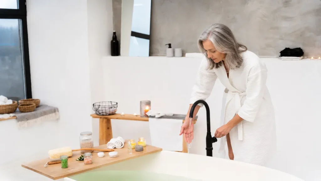 A mature woman with gray hair checks the temperature of running water to prepare a warm bath in a modern residential bathroom.