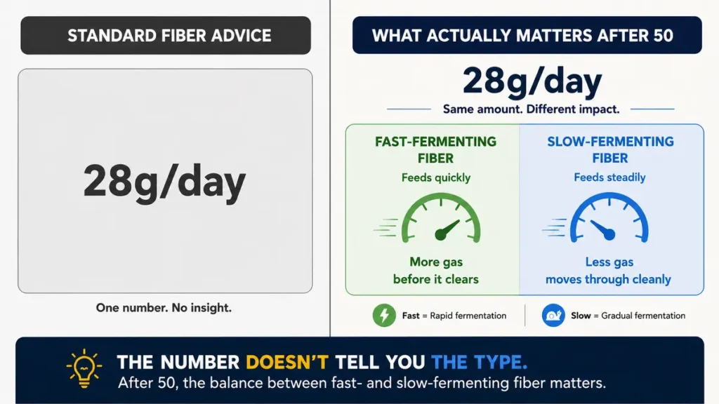 Diagram comparing standard fiber advice showing only 28g daily versus fast- and slow-fermenting fiber types and their gas production differences.