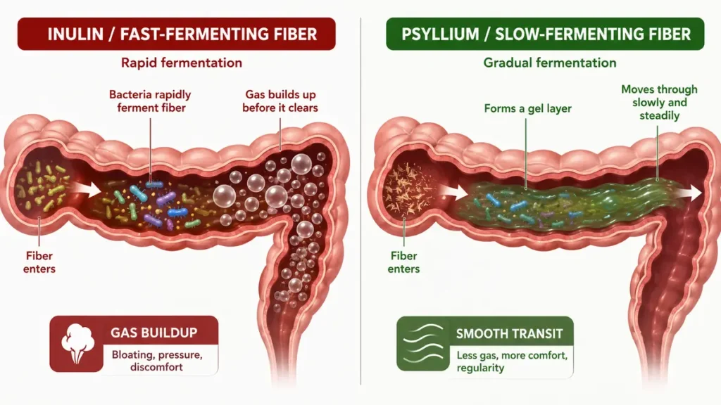 Gut cross-section showing inulin causing rapid gas buildup versus psyllium forming a gel layer for smooth transit in the large intestine.