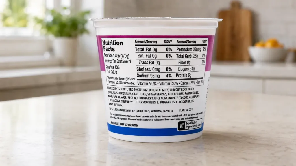 Prebiotic yogurt container on kitchen counter with ingredient label showing chicory root fiber inulin as a hidden fast-fermenting bloat trigger.
