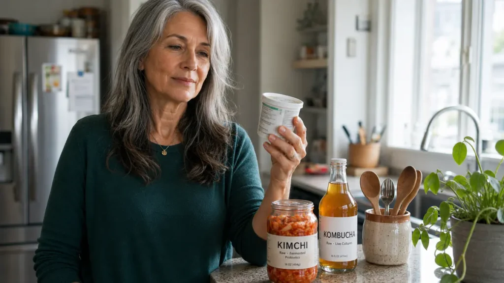 Silver-haired woman in her late 50s reading a yogurt label at a kitchen counter, with a jar of kimchi and a bottle of kombucha beside her, as part of microbiome recovery after antibiotics.