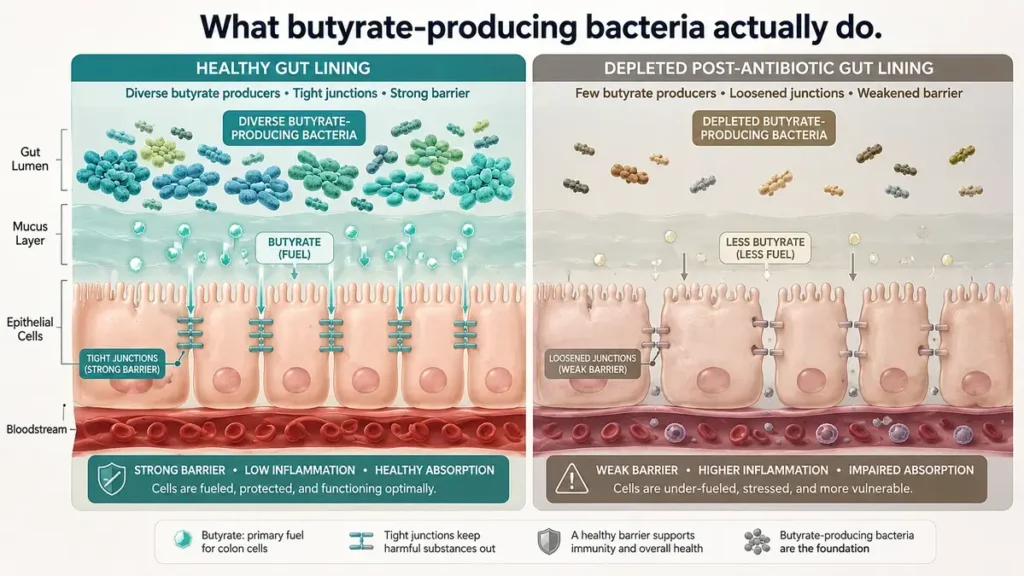 Diagram comparing healthy gut lining with tight junctions and strong barrier versus depleted post-antibiotic gut lining with loosened junctions, less butyrate, and higher inflammation.