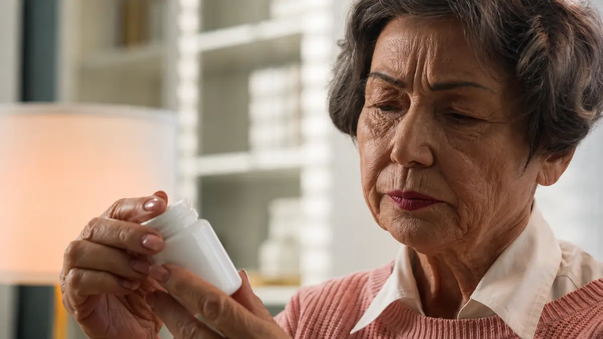 Gut recovery after antibiotics over 50 — mature woman looking thoughtfully at a prescription bottle at home.