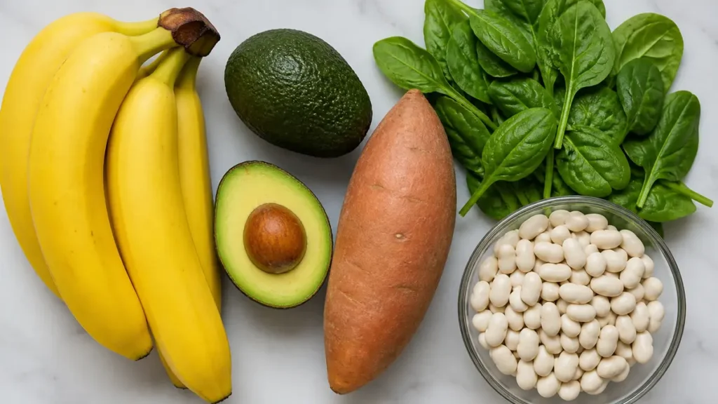 Flat-lay of potassium-rich foods: bananas, avocado, sweet potato, spinach, and white beans on a marble surface.