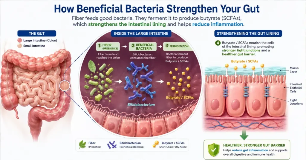 Infographic showing how fiber feeds gut bacteria to produce butyrate, strengthening the intestinal lining and reducing inflammation.
