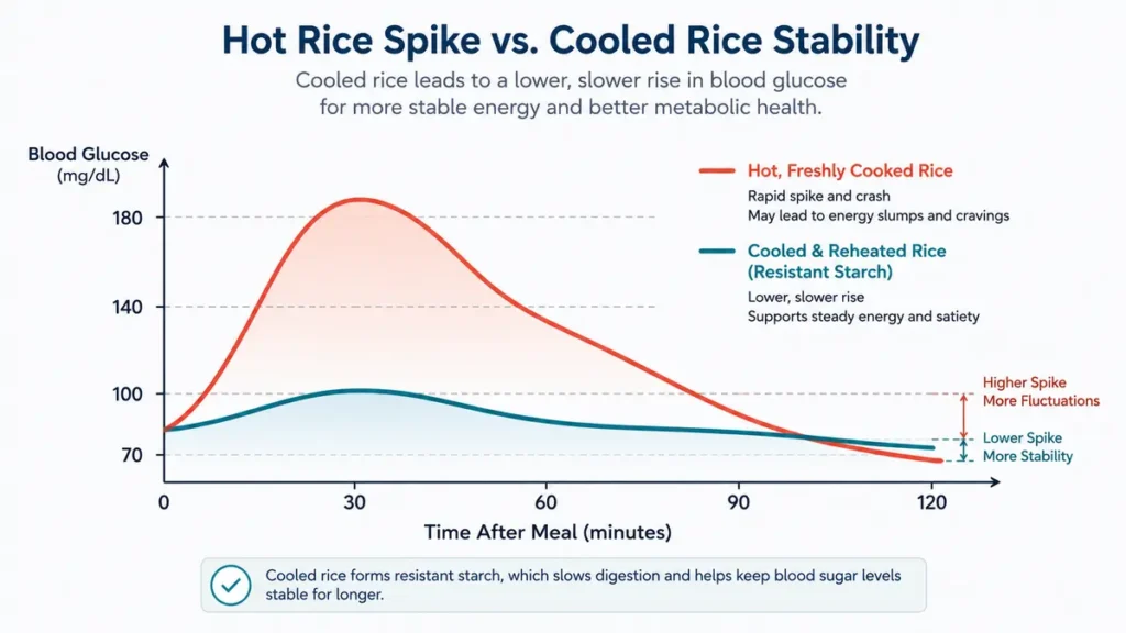 Infographic comparing blood sugar spikes from hot rice versus the stable, flat glucose curve from cooled resistant starch rice.