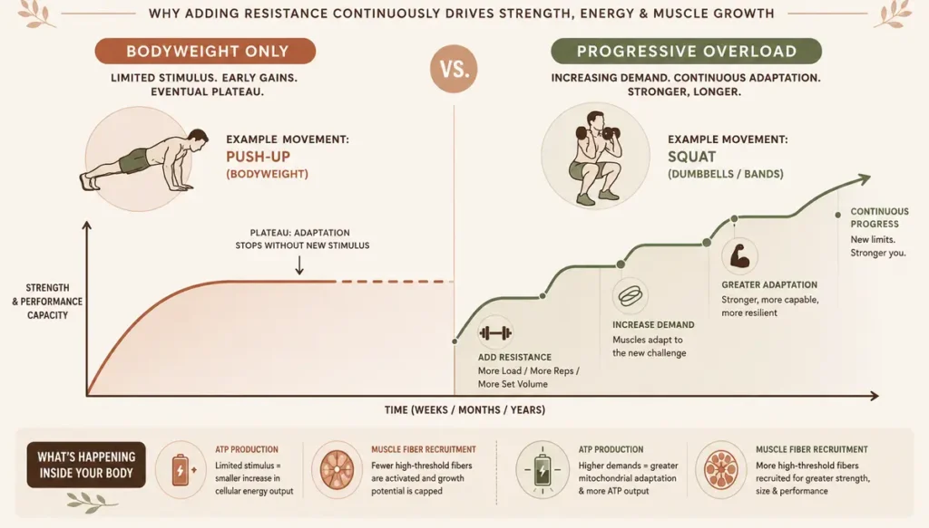 Diagram showing how progressive overload fuels ATP cellular energy to beat the bodyweight muscle building ceiling after 50.