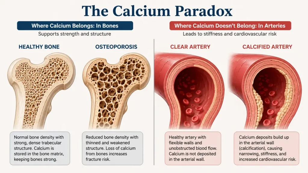 Comparison of bone density and arterial health showing how vitamin K2 directs calcium into bones while preventing arterial calcification.