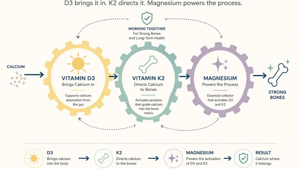 Diagram showing how magnesium, D3, and K2 work together as a biological gear system to direct calcium into bones for mineralization.