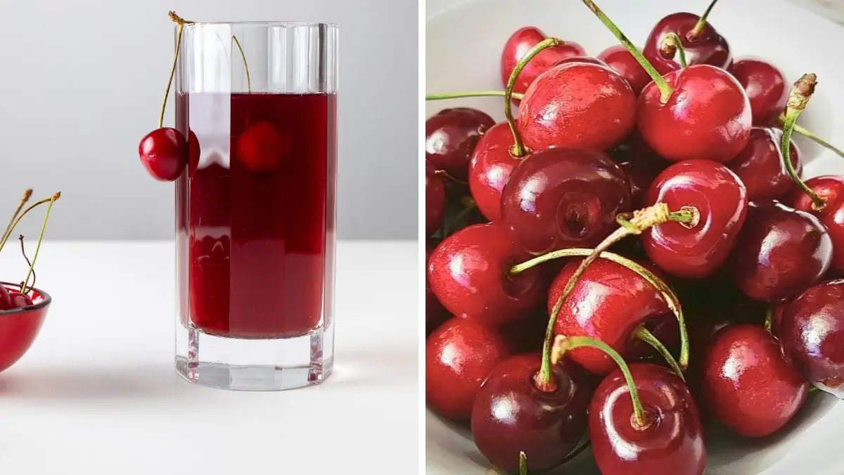 Glass of deep red tart cherry juice garnished with fresh cherries beside a white bowl of whole cherries — both forms shown to reduce uric acid in the blood through anti-inflammatory compounds.