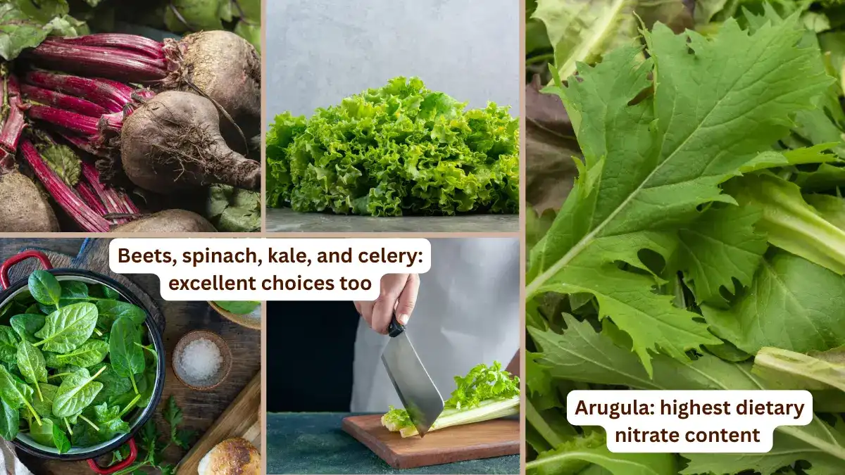 Collage of arugula, beets, and spinach showing top dietary nitrate sources to boost nitric oxide and improve circulation