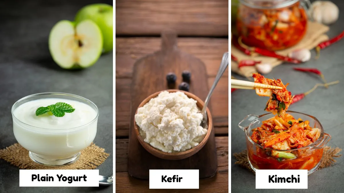 A three-panel nutrition infographic featuring a bowl of plain yogurt topped with mint, a wooden bowl of kefir grains or thick kefir on a dark board, and a glass bowl of spicy red kimchi. Each panel is labeled to highlight probiotic-rich foods for gut health.