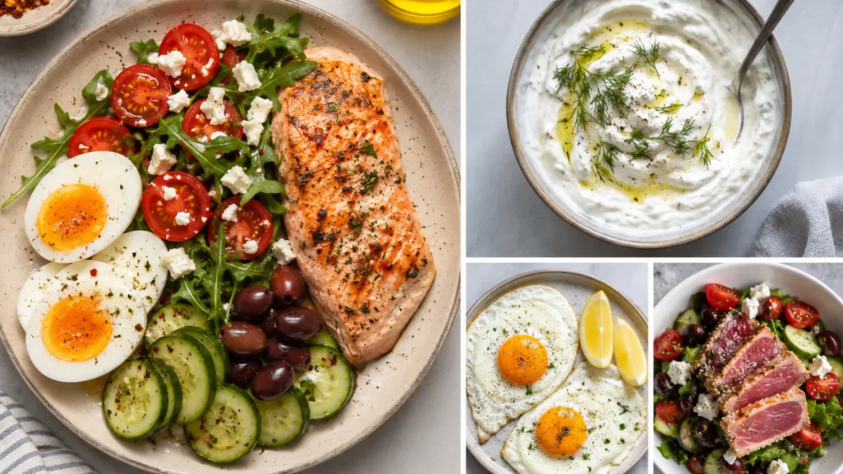 Collage of high-protein Mediterranean meals including grilled salmon, boiled eggs, Greek yogurt, and tuna salad with fresh vegetables.