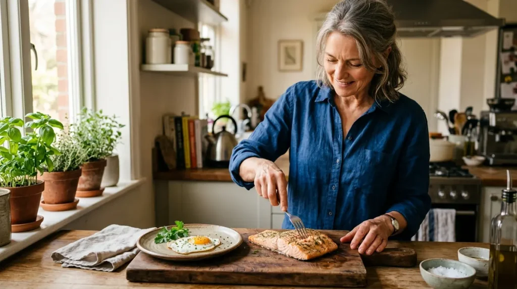 Woman in her late 50s portioning a cooked salmon fillet on a wooden board with a fried egg plated alongside, supporting muscle protection on feeding days.