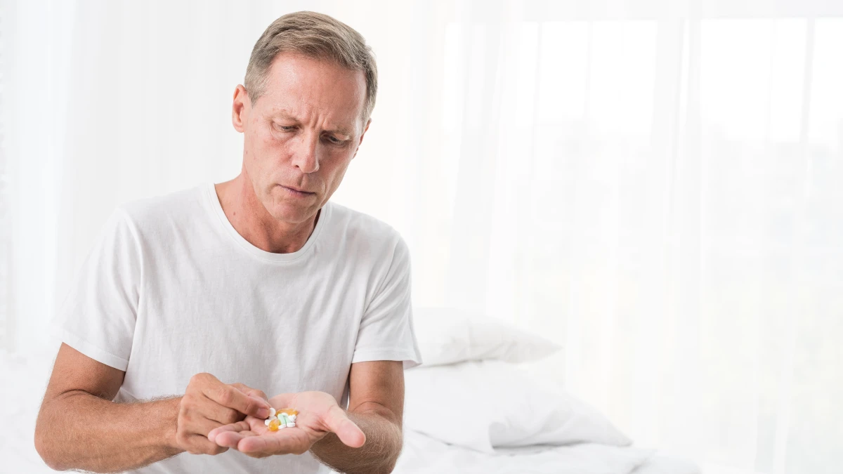 Mature man taking a capsule of magnesium glycinate before bed to support muscle relaxation and sleep.