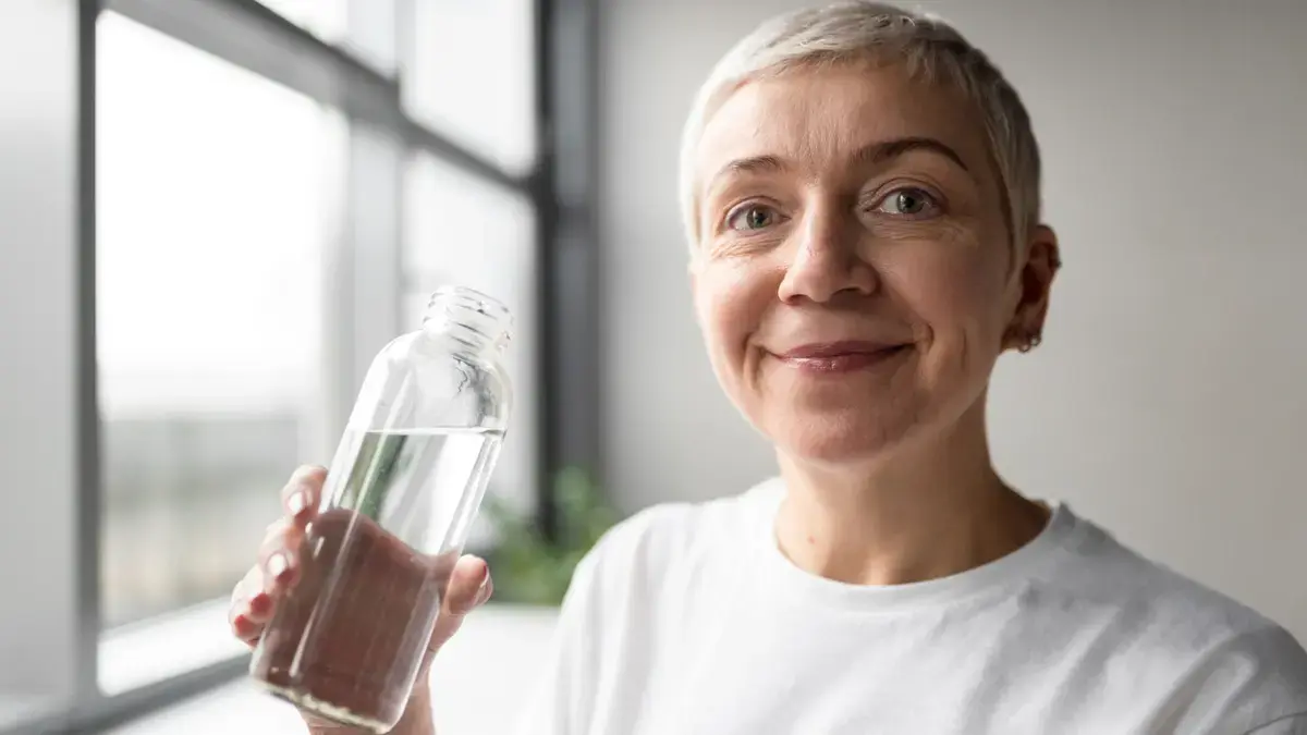 Woman over 50 holding a water bottle and smiling, illustrating daily hydration as a key strategy to lower high uric acid naturally.