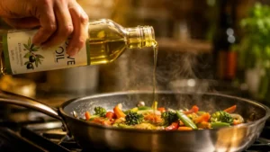 Hand pouring olive oil into a sizzling pan with colorful stir-fry vegetables, steam rising, warm kitchen background.