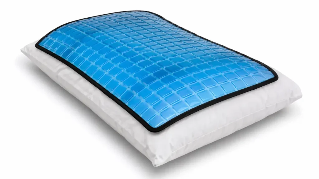 A blue gel cooling pad resting on a white pillow, representing the simple nightstand solution of keeping a gel pack ready for quick night sweat relief at the wrists or neck.