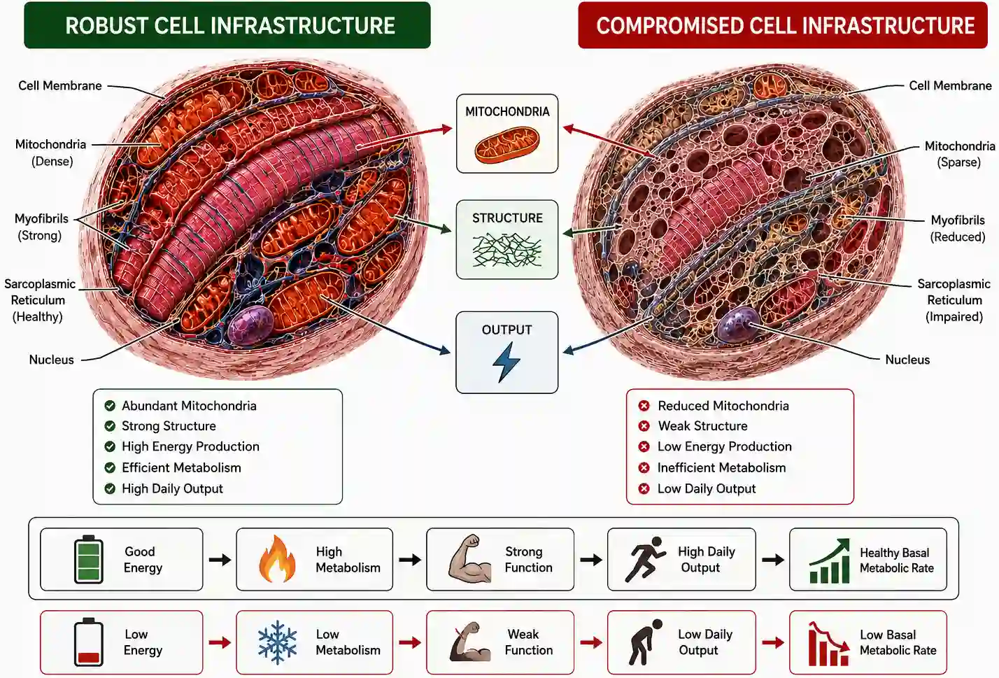 Detailed cross-section diagram of a muscle cell contrasting robust, densely structured mitochondria against a sparse layout to support understanding of how lost infrastructure impairs basal metabolic rate and daily cellular output.