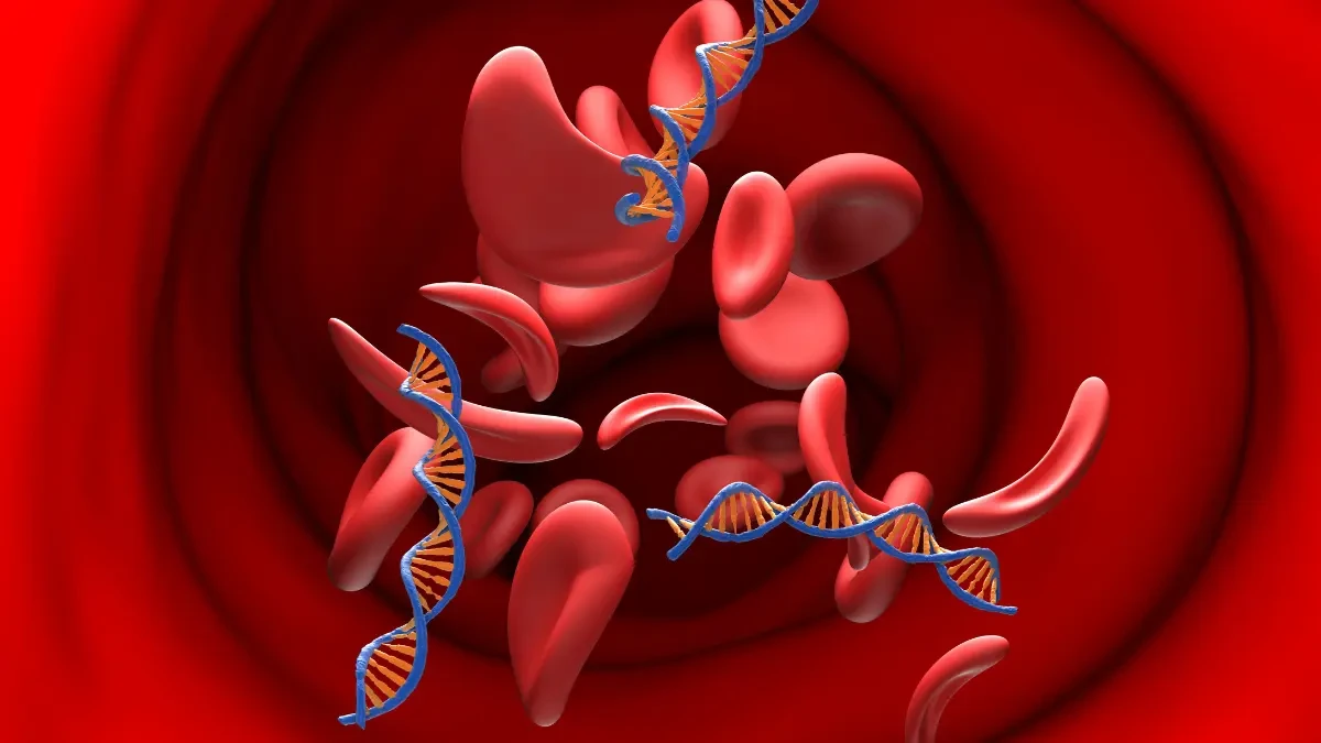 3D illustration of red blood cells and DNA strands flowing inside a blood vessel, representing cellular inflammation and genetic activity.