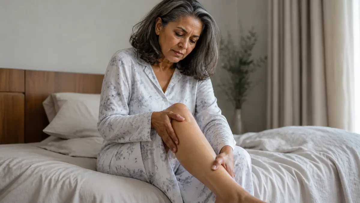 Mature woman sitting on bed rubbing her calf to ease lingering soreness from nocturnal leg cramps.