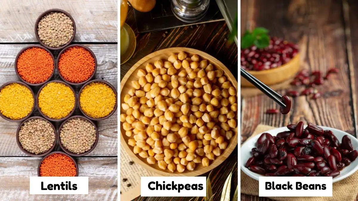 A three-panel infographic featuring diverse legumes: colorful dried lentils in small bowls, cooked chickpeas on a wooden plate, and a dish of glossy black beans. Each panel includes a text label for easy identification of these high-fiber, plant-based proteins.