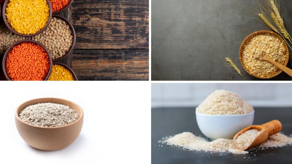 Four slow-fermenting fiber sources for a post-50 gut — lentils, rolled oats, barley, and psyllium husk powder shown in bowls overhead.