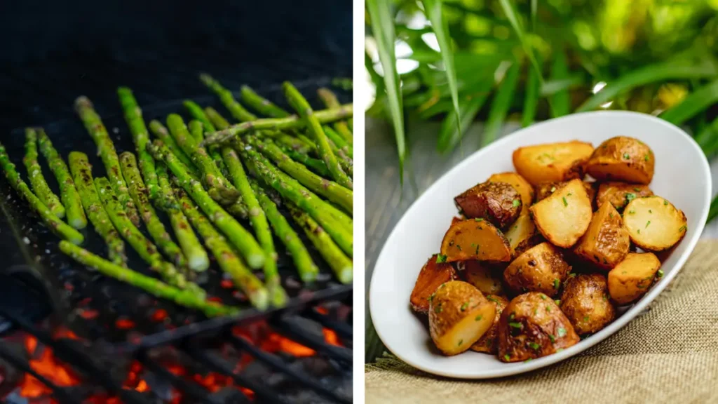 A Collage of Grilled asparagus on a hot grate beside a white bowl of crispy herb roasted potato wedges for significant portion of your daily Vitamin C and B6.