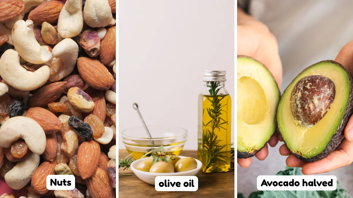 Mixed nuts, extra virgin olive oil, and a halved avocado displayed as essential high-fat, low-protein foods for a Fasting Mimicking Diet restricted day.