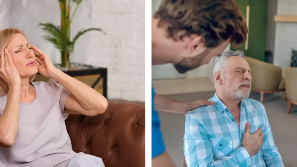Older woman with head pain and older man clutching his chest, two warning signs that need urgent medical attention.