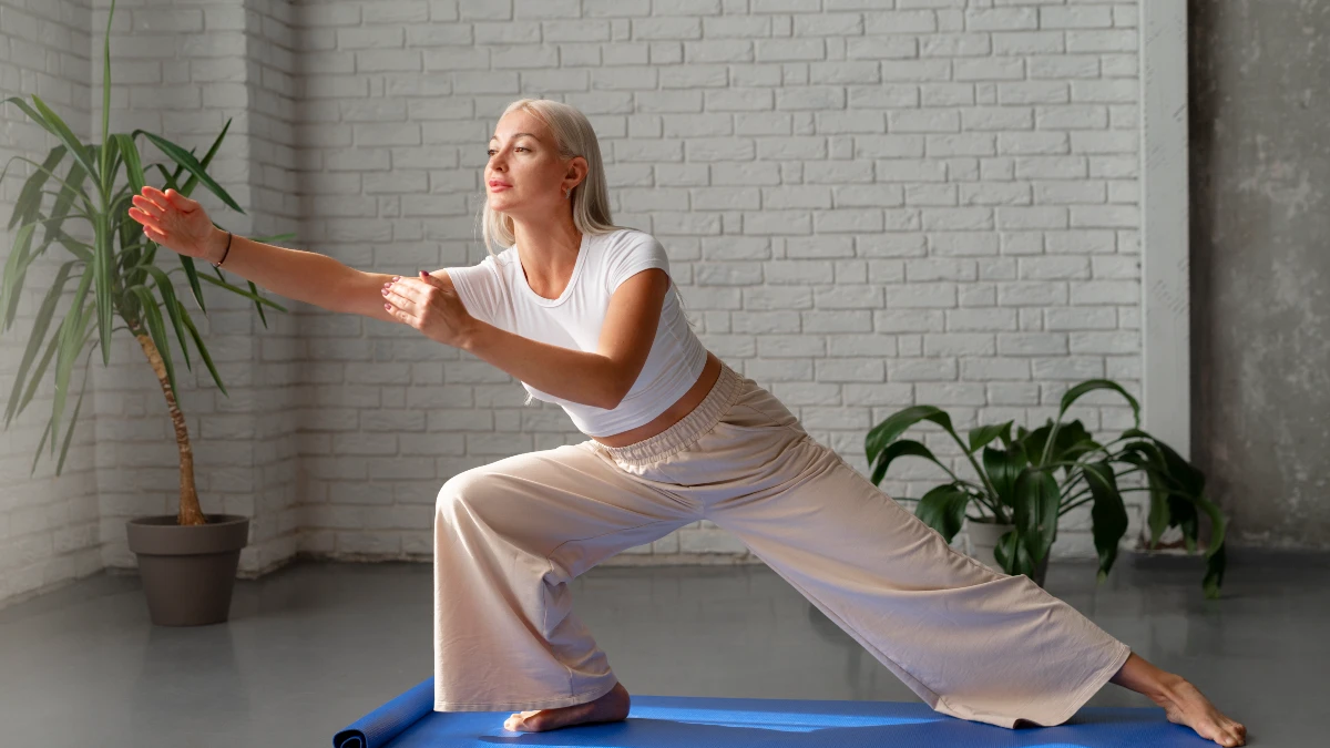 Mature woman performing gentle movement like Tai Chi to stimulate lymphatic drainage and clear cellular debris.