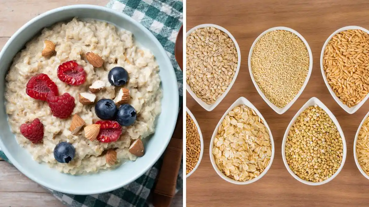 Bowl of oatmeal topped with raspberries, blueberries, and almonds beside six white bowls of assorted whole grains — daily servings linked to reduced gout risk through blood sugar regulation and lower uric acid levels.
