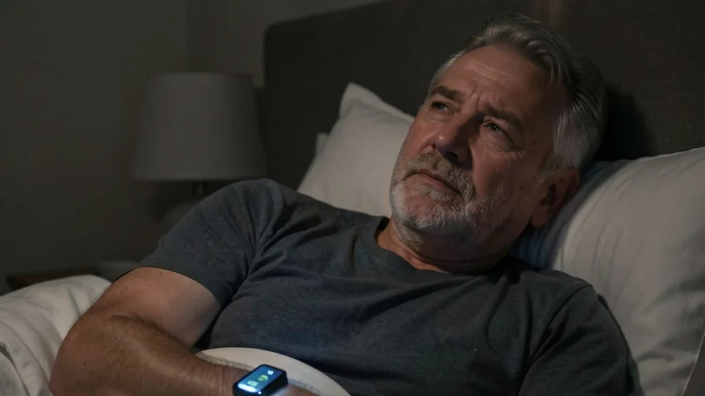 Man in his early 60s lying awake in a darkened bedroom with a glowing smartwatch on his wrist, staring at the ceiling with a heavy, sleepless expression.