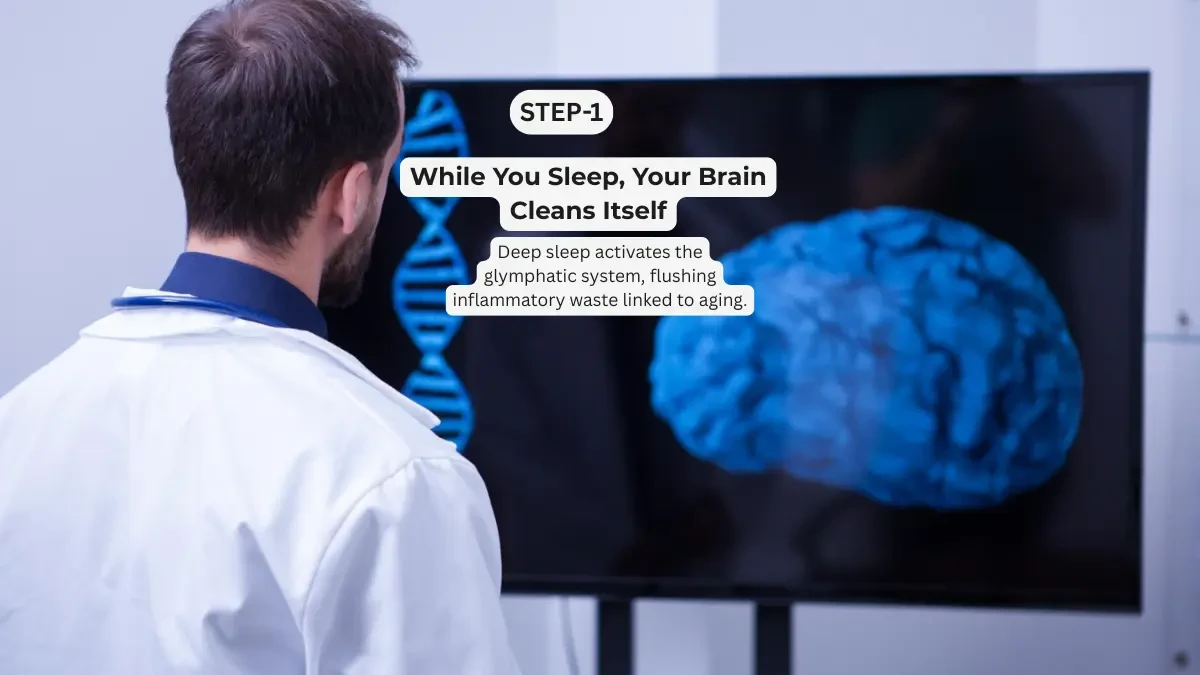 Doctor examining blue brain scan with text overlay explaining glymphatic waste clearance during deep sleep to combat inflammaging.