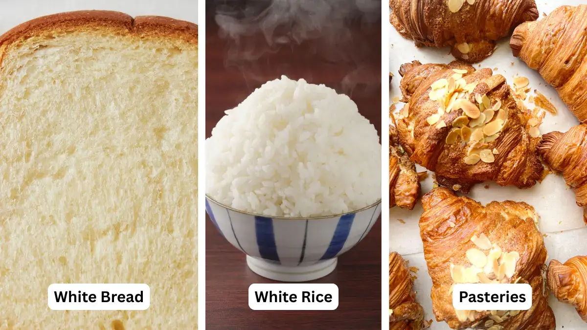 A three-panel nutrition infographic featuring a slice of white bread, a steaming bowl of white rice, and almond croissants. The panels are labeled to illustrate refined carbohydrates that can impact blood sugar and insulin levels.