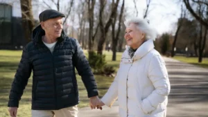 Active mature couple walking together in a park to improve basal metabolic rate through sustainable steady-state exercise.