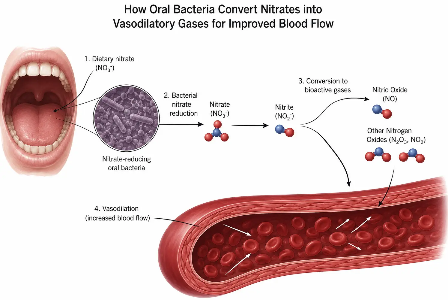 Scientific diagram showing how oral bacteria convert nitrates into the gases that trigger vasodilation for better blood flow.