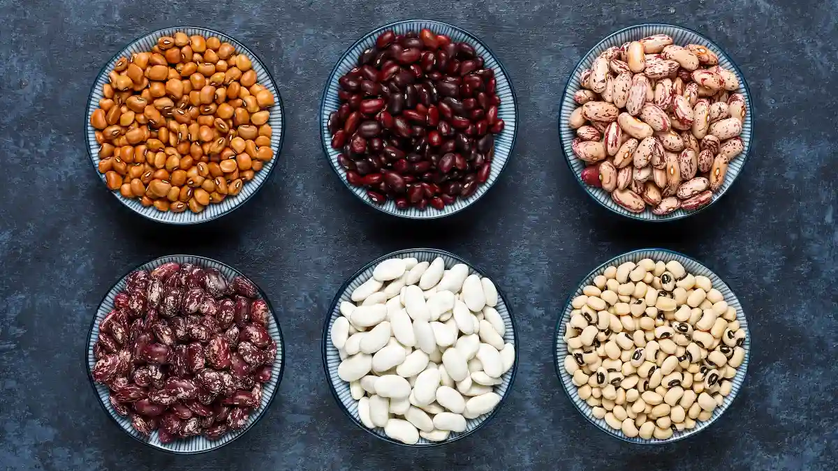 Six small bowls of assorted dried beans sit on a dark surface to provide low-acid, plant-based protein options for healthy kidneys.